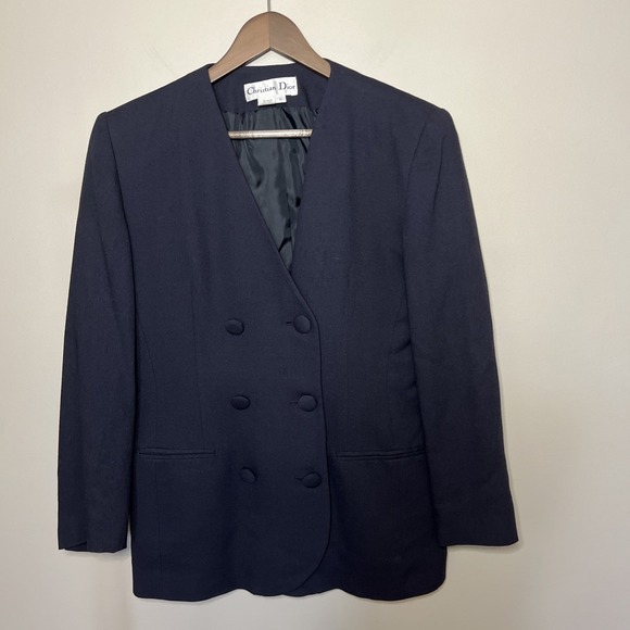 Christian Dior Jackets & Blazers - VTG Christian Dior Double-Breasted Blazer Navy Blue Wool Rayon 80s 90s Size 6‎
